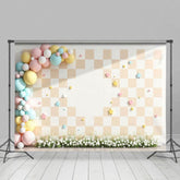 Aperturee - Aperturee Pastel Checkered Balloon Floral Cake Smash Backdrop